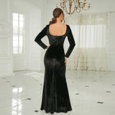 Elegant Long-Sleeved Long Velvet Square Collar Annual Meeting Split Evening Dress Bridesmaid Dress